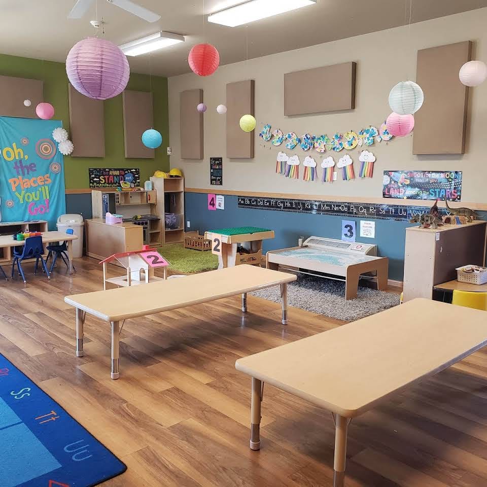 Empty classroom with small tables and colorful decorations