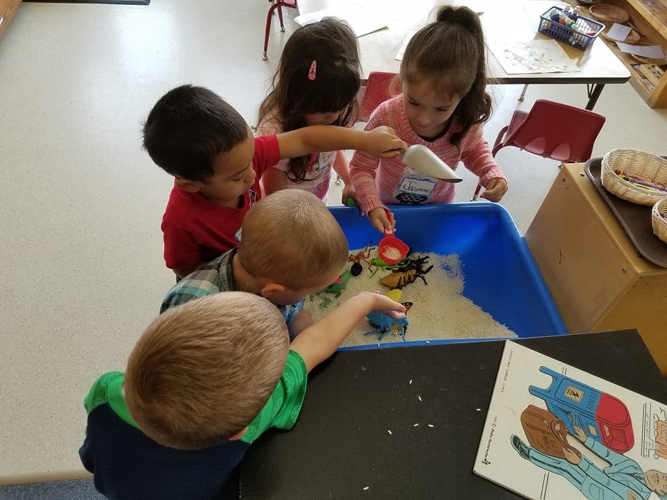 Children playing with sand and toys in a blue bin